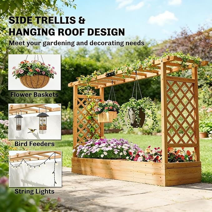 Decorative Wooden Planter Box with Trellis - A Raised Garden Bed That Enhances Patio Deck or Backyard Decor Grows Roses Ivy or Cucumbers in Style