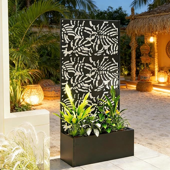 47 Metal Planter Box with Trellis on Wheels Galvanized Steel Raised Garden Bed Privacy Screen 71 Tall Mobile Vertical Garden Planter for Patio Deep Root Outdoor Climbing Plant Support Black
