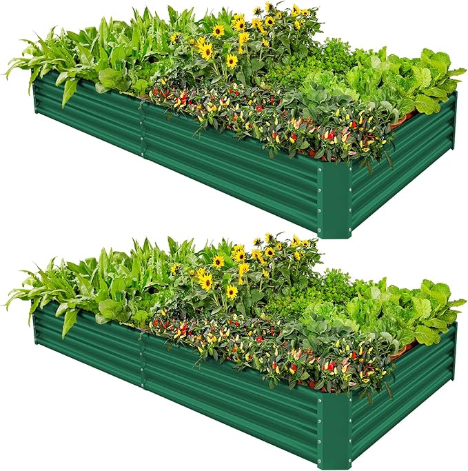 Land Guard 2 Pack 8×4×1ft Galvanized Metal Raised Garden Bed Metal Planter Kit Box Outdoor for Deep-Rooted Vegetables Flowers Green and Herbs (Green)