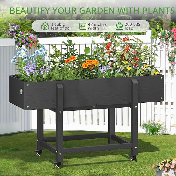LUE BONA Raised Garden Bed with Wheels 48 * 16.7 * 28 in Poly Elevated Outdoor Planter Box with Tools Weather Resistant Standing Growing Bed Herb Planter for Vegetable Flowers Fruits