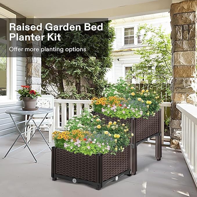 Elevated Planters Raised Garden Beds Plastic Vegetables Plant Raised Bed Kits Herbs Flowers Growing Box with Legs &amp Drainage Holes for Garden Patio Balcony Restaurant Brown
