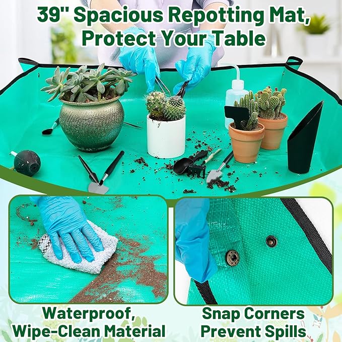 44pcs Small Gardening Tools Gifts for Women Beginners - Garden Hand Tools Set for Indoor Succulent Bonsai Plants Transplanting Included Bag/Repotting Mat/Shovel/Labels Green
