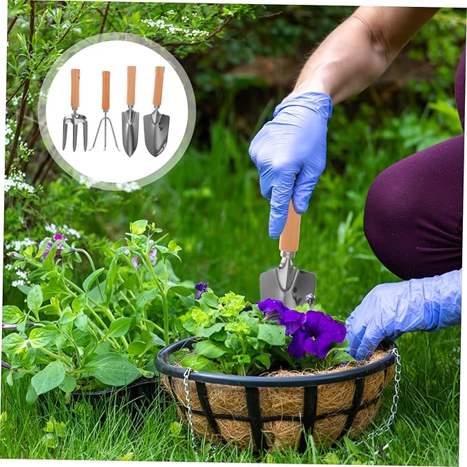 4-Piece Garden Tool Set Gardening Shovel Rake Hoe Shears Stainless Steel Wooden Handles Compact for Storage