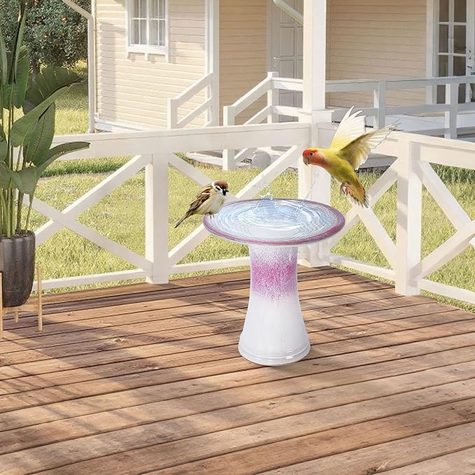 17'' Ceramic Bird Bath for Outside Elegant Tall Outdoor Bird Bath Lightweight Pedestal Glazed Birdbaths for Outdoors with Swirl Pattern Rose Ombre