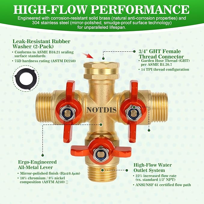 3 Way Hose Splitter Solid Brass High Volume 3 Way Hose Splitter Valve with Metal Handle Heavy Duty High Flow Spigot Splitter with Shut off Valve 3/4 Inch Garden Tap Splitter