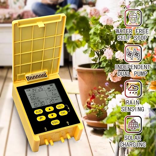 Solar Powered Dual Pump Drip Irrigation KitChild Lock 2 Group Automatic Watering System with Rain Sensing Digital Display Screen for Garden Patio Balcony Vacation (for 20 Pot Plants)