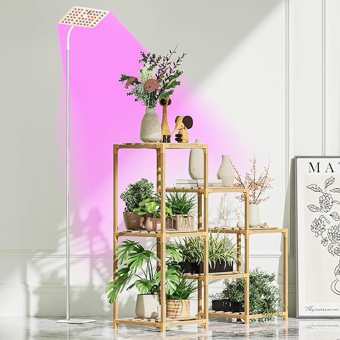 KINGPLUS Grow Lights with Stand Full Spectrum Growing Light for Indoor Plants 120 LEDs 4 Dimmable Levels Timer 4/8/12h 12-60inches Height Adjustable18w Ideal for Desk Small Plants