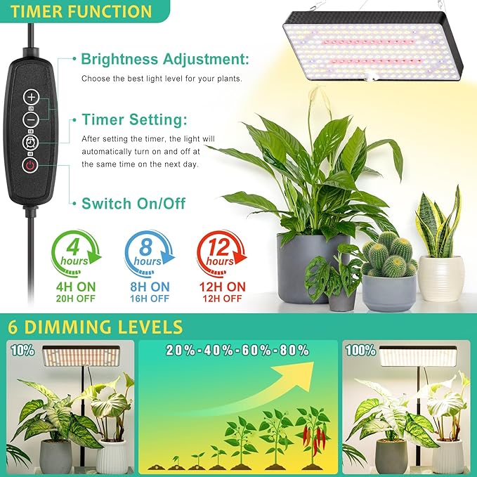 LBW Desk Grow Light Full Spectrum Plant Light for Indoor Plants Grow Lamps with 4/8/12H Timer 10-26 Height Adjustable 6 Brightness Levels