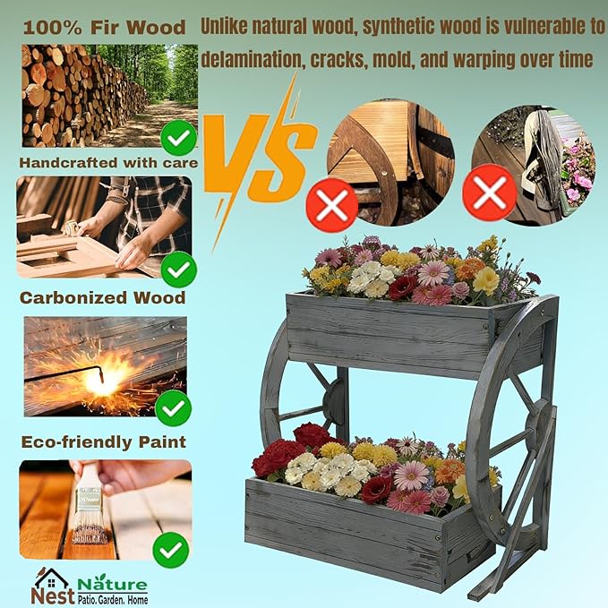 Wooden Wagon Garden Planter Box with Wheels-Indoor/Outdoor Decor for Patio Backyard Balcony-Country Farmhouse Flower Box-2 Tier Rustic Garden Raised Bed for Flowers Herbs Vegetables