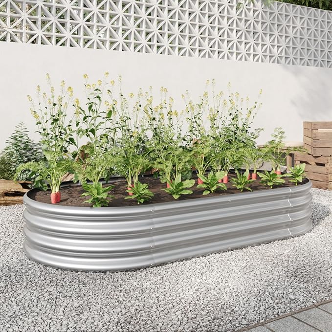 Outdoor Raised Garden Bed for Plants Vegetables and Flowers Oval Large Metal Raised Bed Kit Durable Galvanized Planter Boxes for Garden Backyard Easy Assembly (Silver 70.86x35.43x 11.42 in)