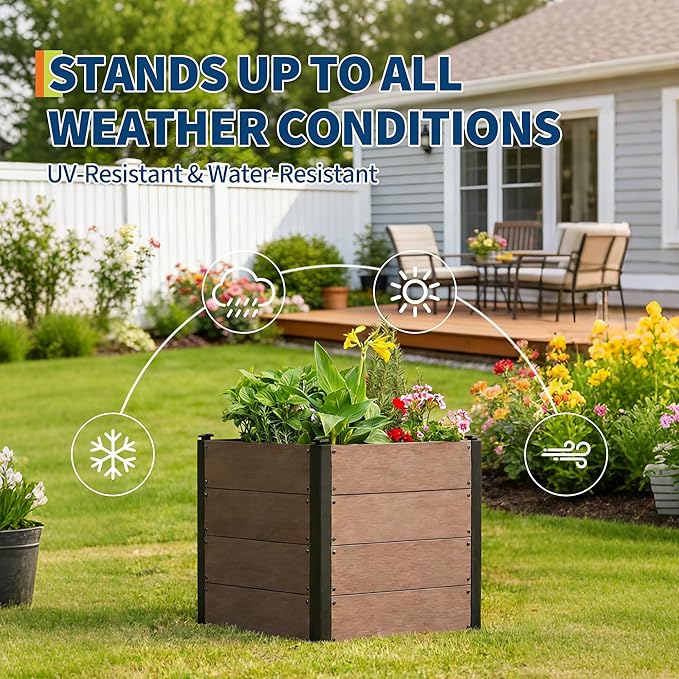 Wood Look Elevated Garden Bed for Patio Deep Root Planter Box with Durable Composite Material Space-Saving Outdoor Garden for Vegetables &amp Herbs Easy Assembly25 x 25x 23Without Bottom