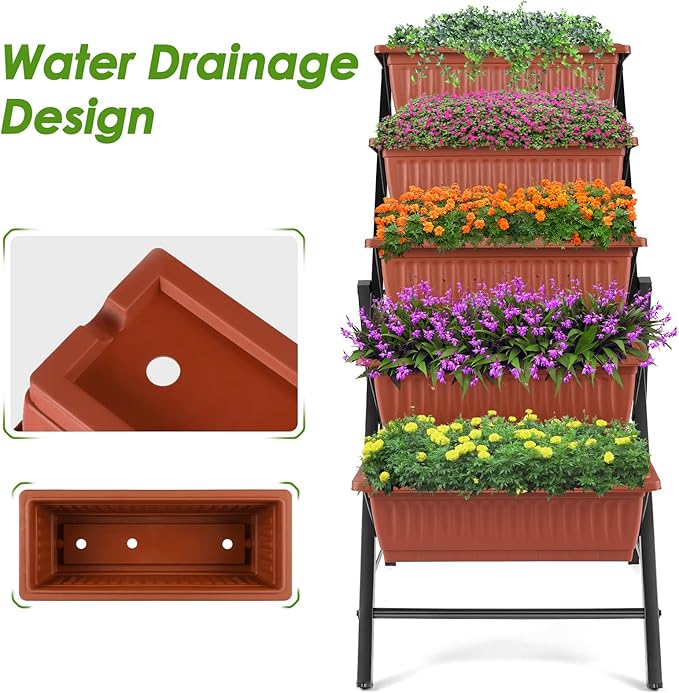 Suyncll Vertical Raised Garden Bed Planter Box5 Tiers Vertical Garden Planter with Drainage System&amp4 Hooks for Herb Vegetables Flowers Brick Red