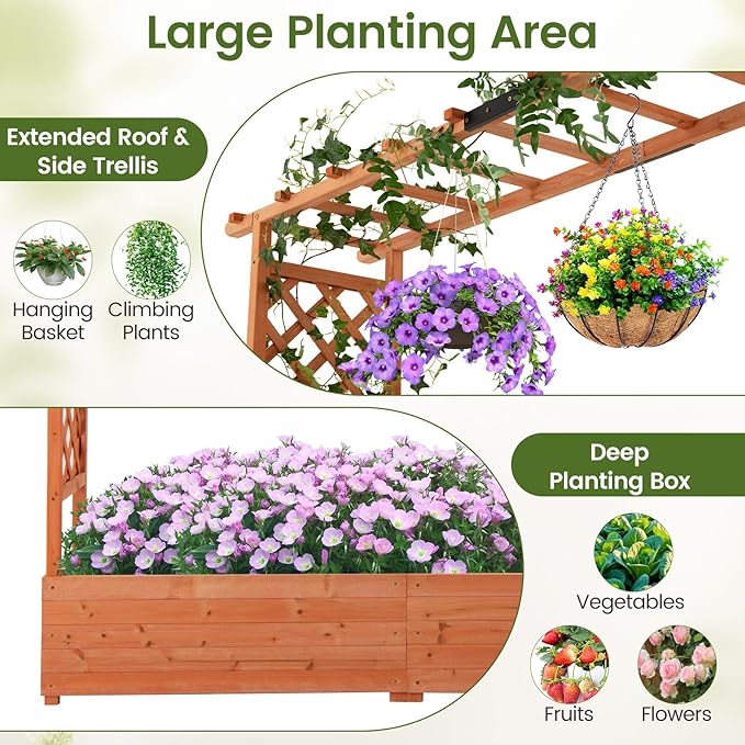 S AFSTAR 2 Pieces Raised Garden Beds with Arch Trellis Hanging Roof &amp Drainage Holes 77-Inch Vertical Plant Container for Vine Climbing Plant Flower Outdoor Wood Elevated Planter Box for Garden
