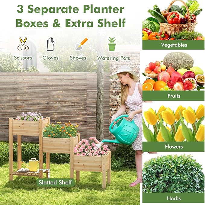 S AFSTAR 3-Tier Wooden Raised Garden Bed Elevated Garden Planter with 3 Planter Boxes Open Storage Shelf Drainage Holes Outdoor Vertical Plant Container for Vegetables Flowers Herbs Growing