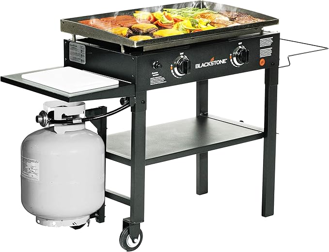 Blackstone 1853 Flat Top Gas Grill 2 Burner Propane Fuelled Rear Grease Management System 28” Outdoor Griddle Station for Camping with Built in Cutting Board and Garbage Holder 28 Inch Black