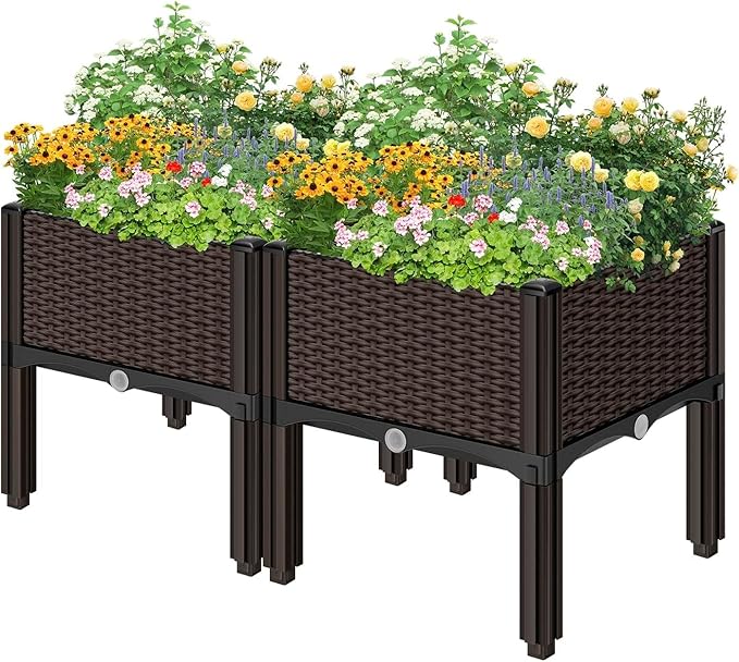 Elevated Planters Raised Garden Beds Plastic Vegetables Plant Raised Bed Kits Herbs Flowers Growing Box with Legs &amp Drainage Holes for Garden Patio Balcony Restaurant Brown