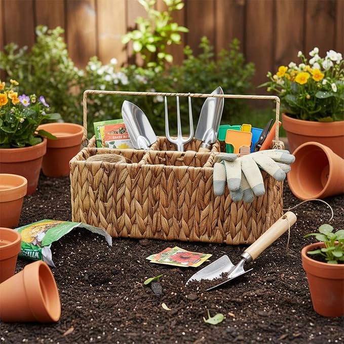 Garden Tools Woven BasketGarden Tool Organizer with HandleWicker Storage Basket with 4 CompartmentsPruning ShearsGlovesShovelGardening Gifts for Women Men14 L X 8 W X 5.5 H