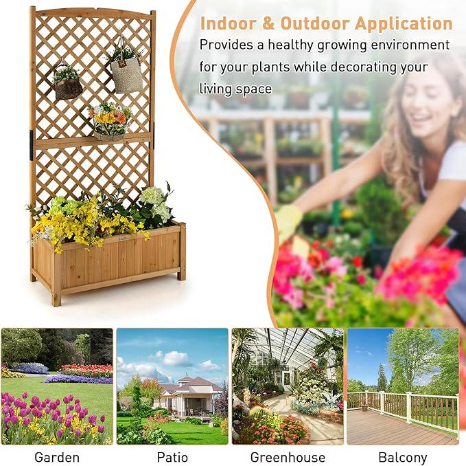 Wooden Planter Box with Trellis 71” Freestanding Garden Planter w/Lattice Panel &amp Drainage Holes Indoor &amp Outdoor Raised Garden Bed with Trellis for Vine Climbing Plants (1)