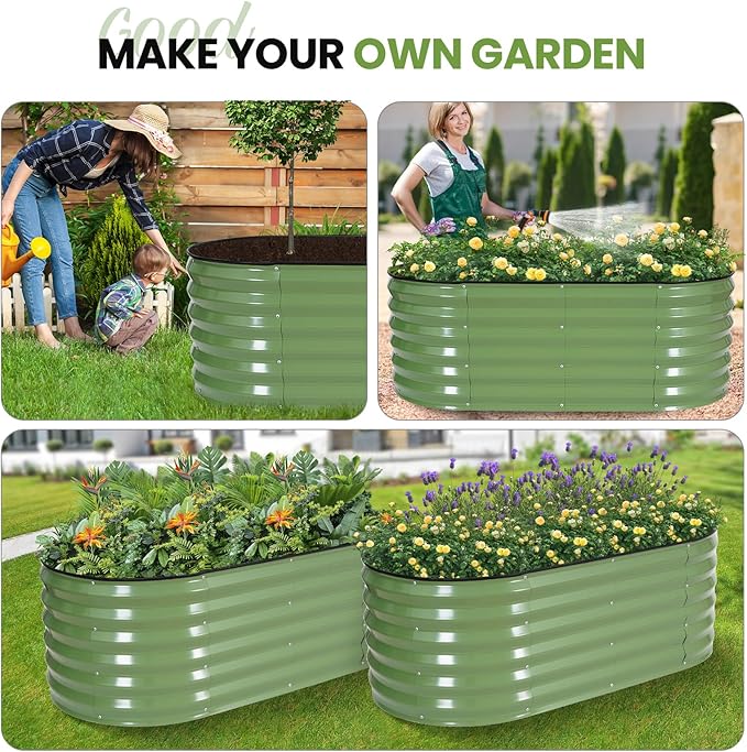 G GOOD GAIN Raised Garden Beds - 4x2x1.4ft Galvanized Planter Boxes Kit with Protective Tape &amp Gloves &amp Tools | Oval Metal Outdoor Raised Bed for Gardening Vegetables Fruits Flowers Herbs