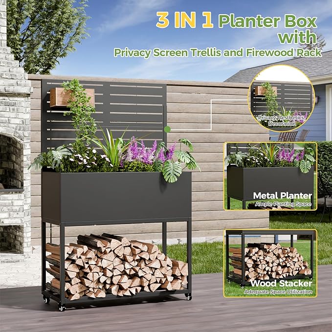 Raised Garden Bed with Trellis Metal Raised Planter Box with Trellis Privacy Planters for Patio Raised Garden Beds Outdoor Standing with Drainage Holes Wheels Black