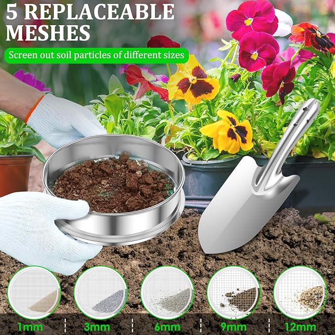 Soil Sifter for Gardening 8 Inch Stainless Steel Garden Sieve with 5 Replaceable Screens 1/3/6/9/12mm Garden Sifter with Shovel Gloves Planting Mat for Sand Rocks Dirt Compost