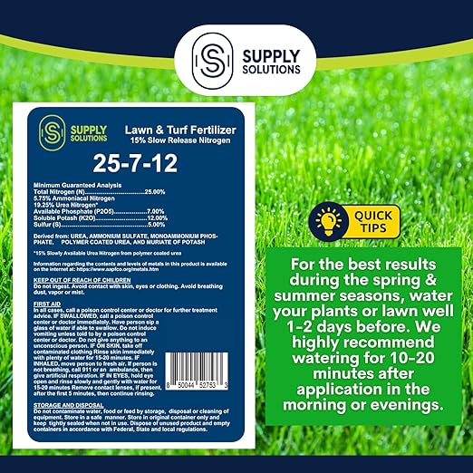 Supply Solutions 25-7-12 Lawn and Turf Fertilizer - 15% Slow Release Nitrogen Lawn Fertilizer for All Grass Types Shrubs - Turf Builder Plant Food Covers 6250 sq.ft (25lbs)