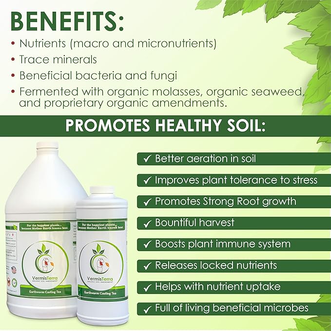 VermisTerra Earthworm Casting Tea - Organic Worm Tea with Kelp - Gallon - Soil Protector and Conditioner Concentrate - Living Enzymes Nourish Plants - All Crops: Vegetables Flowers Fruit and Trees