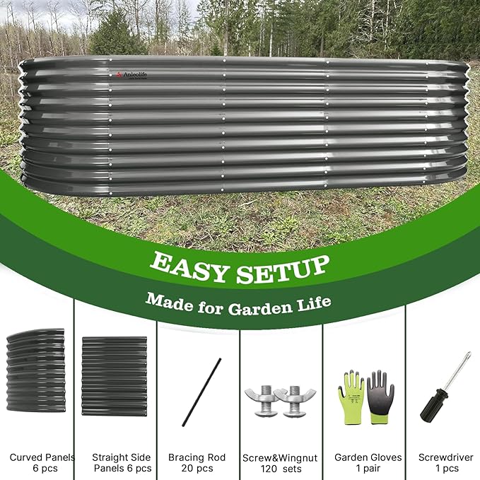 A ANLEOLIFE 30 Extra Tall Galvanized Raised Garden Beds Outdoor 10x3x2.5ft Large Oval Metal Planter Boxes for Planting Vegetables Flowers Fruits Eco-Safe &amp Easy Setup Quartz Grey
