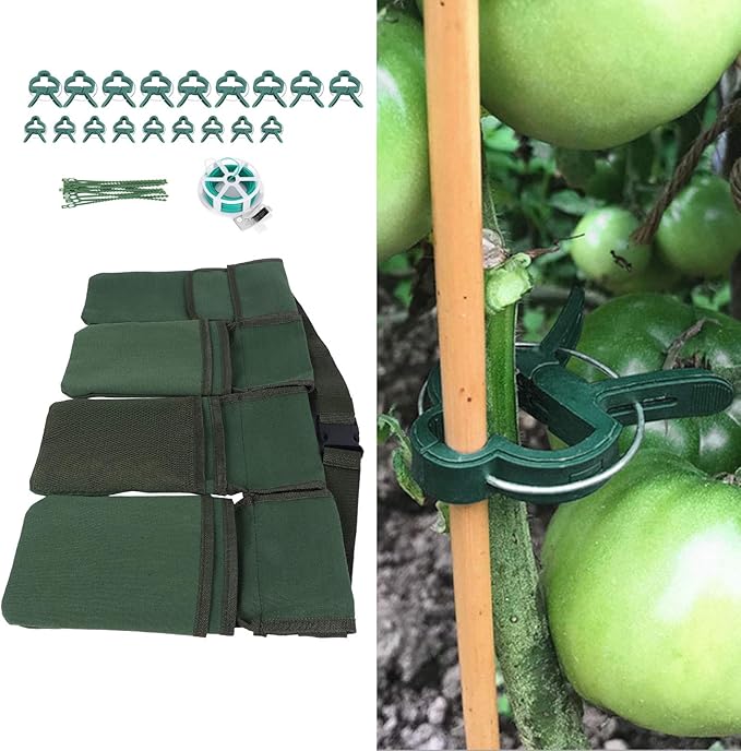 Gardening Tools Set with Green Waist Bag Plant Support Clips and Adjustable Cable Ties Kit sturdy Canvas Material for Professional Gardeners