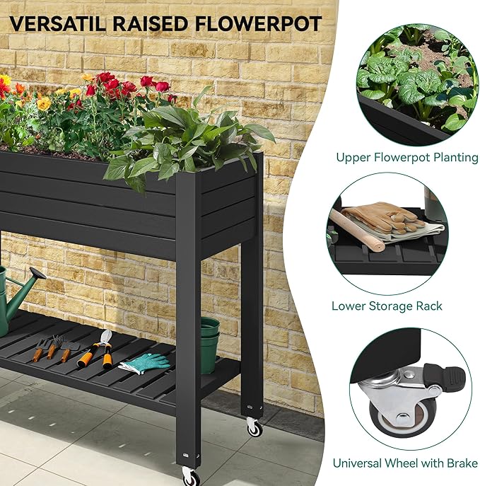 YITAHOME 43.3x17.7x34 in Elevated Garden Bed 2pcs Outdoor Plastic Planter Box with Wheels Legs Drain Plug and Storage Shelf for Plants Vegetables Flowers Herbs Black