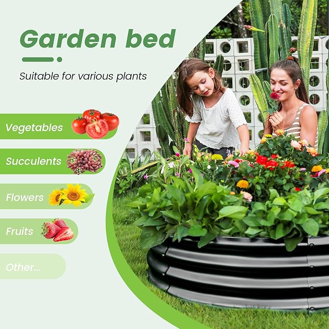 Land Guard 2×2×1ft Galvanized Raised Garden Bed Kit Round Galvanized Planter Raised Garden Boxes Outdoor Large Metal Raised Garden Beds for Vegetables Black