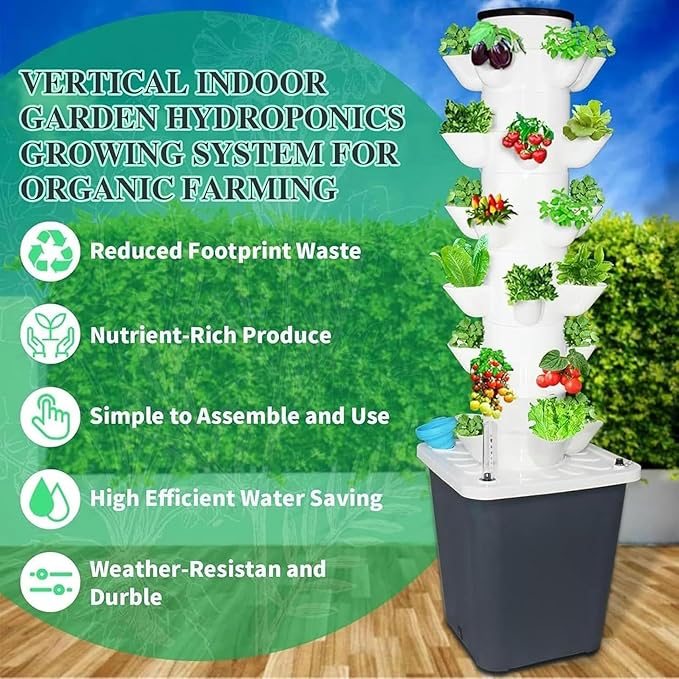 Hydroponic Tower Growing sytem Indoor hydroponic Grow System Vertical Grow Tower 6 Layer 30 Plants Sites with Pump and Movable Water Tank