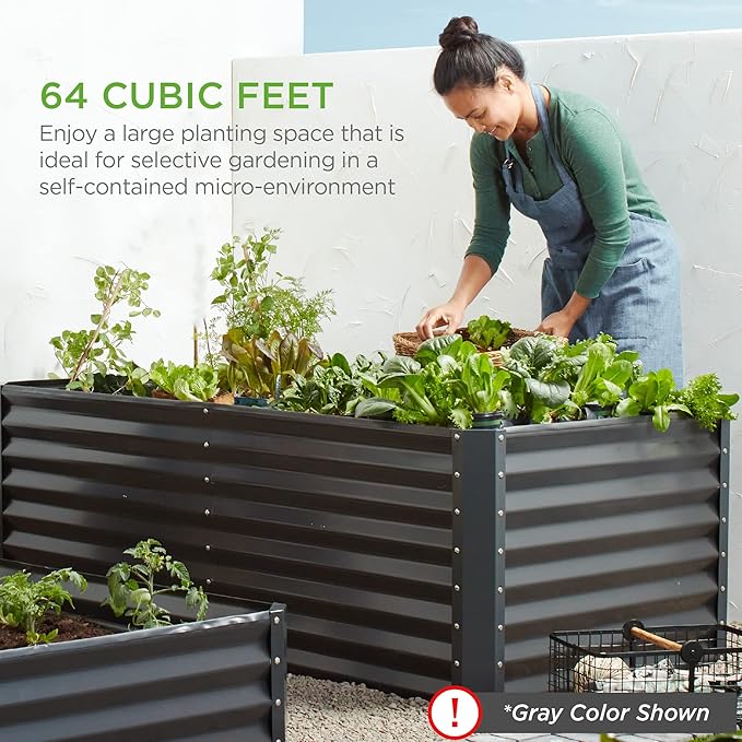 Best Choice Products 8x4x2ft Outdoor Metal Raised Garden Bed Deep Root Planter Box for Vegetables Herbs &amp Flowers 478-Gallon Capacity 100% Non Toxic Materials - Dark Brown Wood Grain