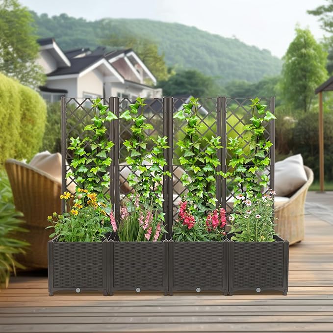 4 PCS Plastic Plant Box with Trellis 63 Tall Planter Box for Climbing Plants 33 lbs Capacity Outdoor Garden Bed for Balcony Patio Backyard (Dark Brown) (Dark Brown)