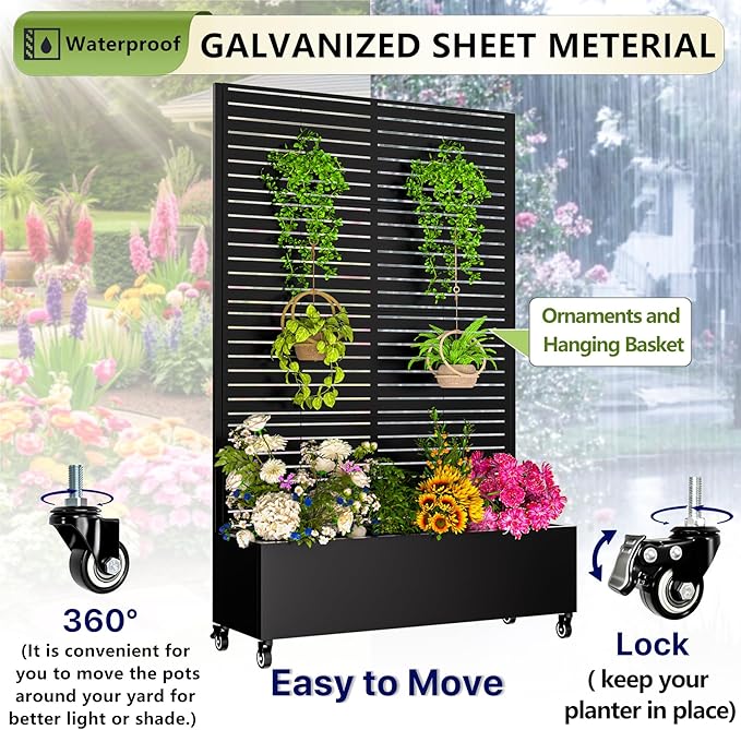 Metal Planter Box with Trellis72x47x16Galvanized Steel Outdoor Raised Garden Bed with Privacy Screenwith Drainage Holes &amp Lockable Casters for Climbing PlantsVegetablesand Vines(BYC)