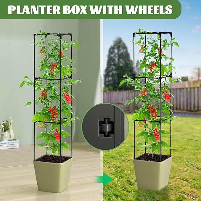 Tomato Planter Box with Trellis Self Watering Rolling Raised Garden Bed with Water Level Monitor for Climbing Vegetables Plants Cage Garden Planters Plant Pots for Plants Flowers Decor