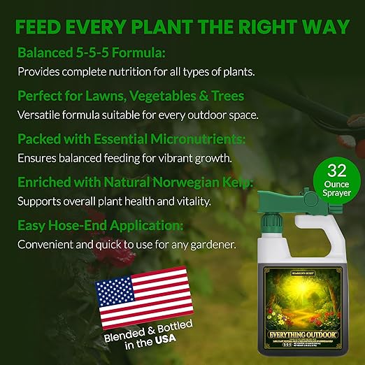 Humboldts Secret Everything Outdoor Plant Food | 5-5-5 Liquid Fertilizer with Norwegian Kelp | All Purpose Lawn Vegetable &amp Fruit Food | Garden Nutrients | Refillable Hose End Bottle | 32 Ounce