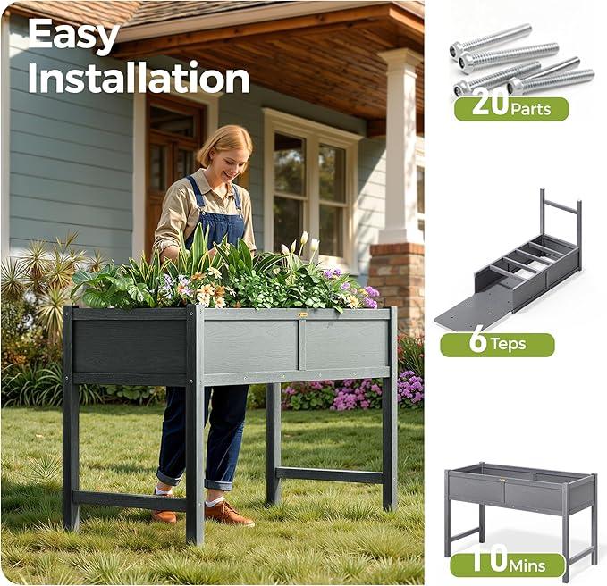 TT Nature HDPE Raised Garden Bed with Legs 58x20x30 inch Outdoor Elevated Planter Box for Vegetables Herbs &amp Flowers Weather-Resistant Raised Garden Beds for Patio Balcony &amp Backyard Garde
