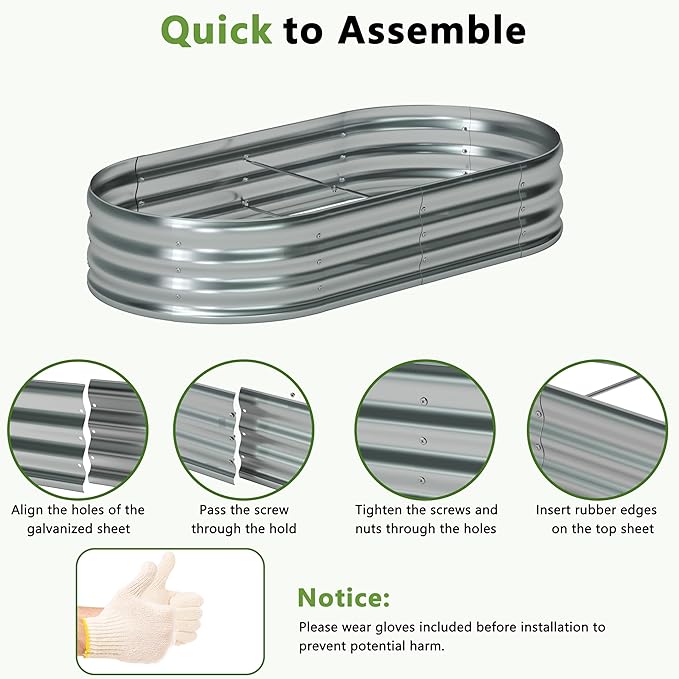 6x3x1ft(2 Pack) Galvanized Oval Raised Garden BedOutdoor Planter Box Metal Patio Kit Planting Bed for Vegetables Flowers HerbSilver