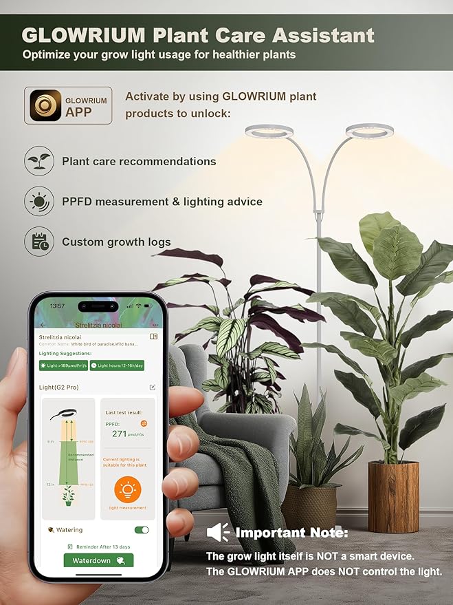 GLOWRIUM 48W LED Dual-Head Grow Light for Indoor Plants 23.5-71 Adjustable Height 3-Growing Full Spectrum for Tall Plant Light 3/9/12/16H Timer 6-Level Dimming Ideal for Large Tall Plants