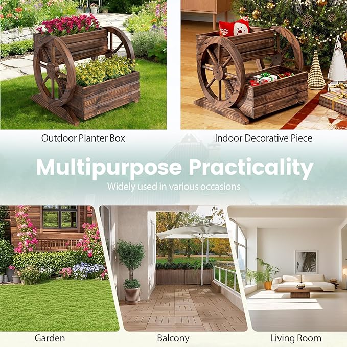 HAPPYGRILL Wood Wagon Planter Box 2-Tier Rustic Raised Garden Bed w/Wheels Drainage Holes for Vegetables Flowers Indoor Outdoor Decorative Planter Container Flower Cart for Patio Balcony (1)