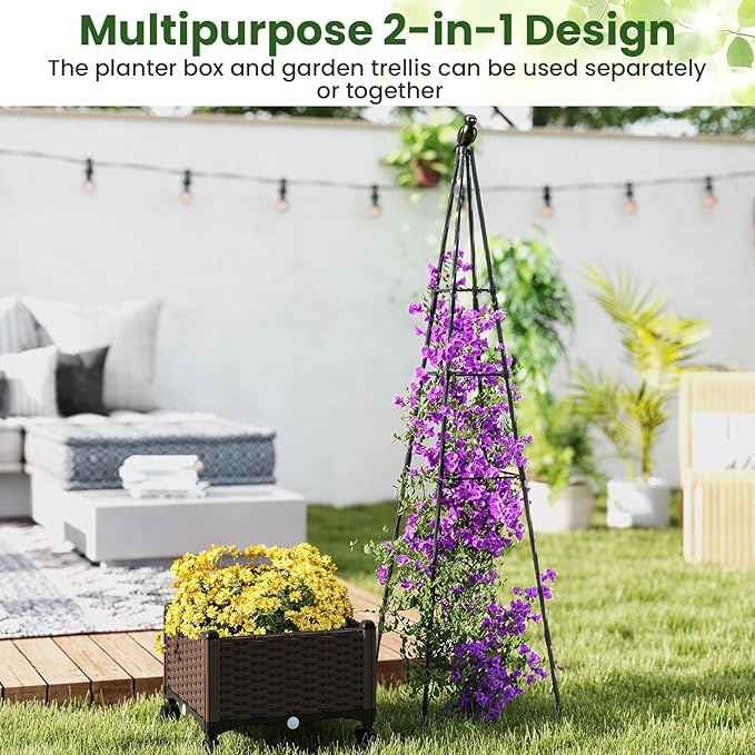 Giantex Raised Garden Bed with Wheels &amp Tomato Cage Self Watering Planter Box with Obelisk Trellis Adjustable Height Indoor Outdoor Planter for Climbing Plant Flower Vegetable Fruit (1)