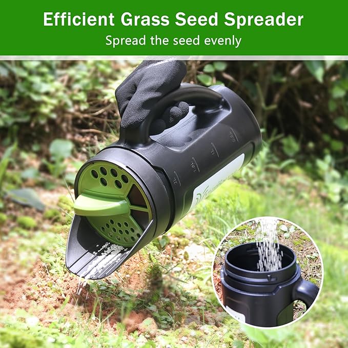 Hand held Spreader Seed Spreader for Ice Melt Grass Seed Fertilizer Lawn and Garden. Multiple Adjustable Opening Sizes for SaltIce Melt Up to 80 Oz