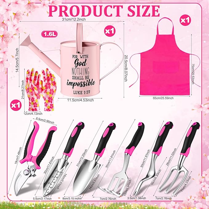 9 Pcs Garden Tools Set Gardening Gifts for Women Include 6 Heavy Duty Garden Hand Tools 1. 6L Christian Galvanized Metal Watering Can Apron Gloves Ideal Gifts for Women Mom Grandma(Pink)