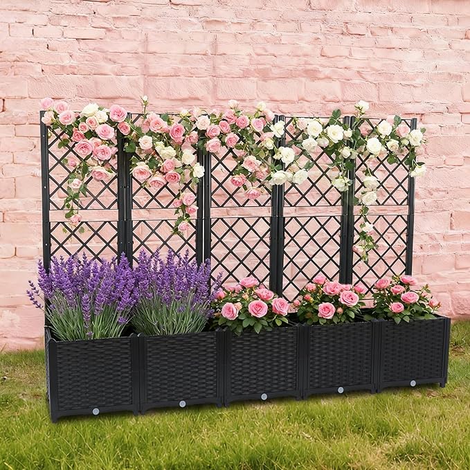 Garden Planter with Trellis Polypropylene Planter Boxes with 5 Compartments Garden Box with Privacy Screen for Outdoor Spaces Terraces Balconies-47.24 * 47.24 * 55.91in (Black)