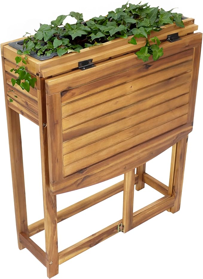 Sunnydaze Acacia Wood Raised Garden Bed with Shelf - Space-Saving Folding Tabletop with 40 lb Capacity - Natural