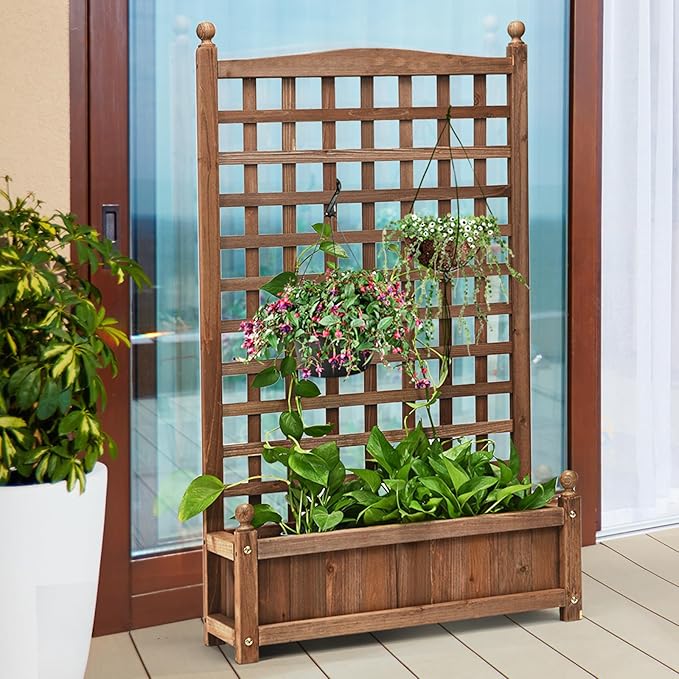 2 Pcs Raised Garden Bed with Trellis 25 x 11 x 48 Inch Wood Planter Box w/Drainage Holes Freestanding Planter for Climbing Plants Flowers Vines Outdoor Patio Yard Balcony