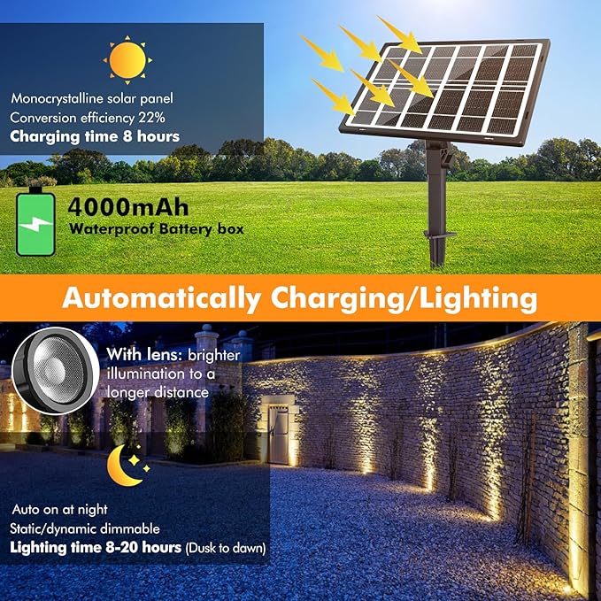 CLY Solar Landscape Spotlights Solar Lights Outdoor IP66 Waterproof Remote Control 2 Dynamic Modes 3 Brightness Adjustable 2700-6500K Auto On/Off 11M Cable for Garden Pathway Trees Flag 3 in 1
