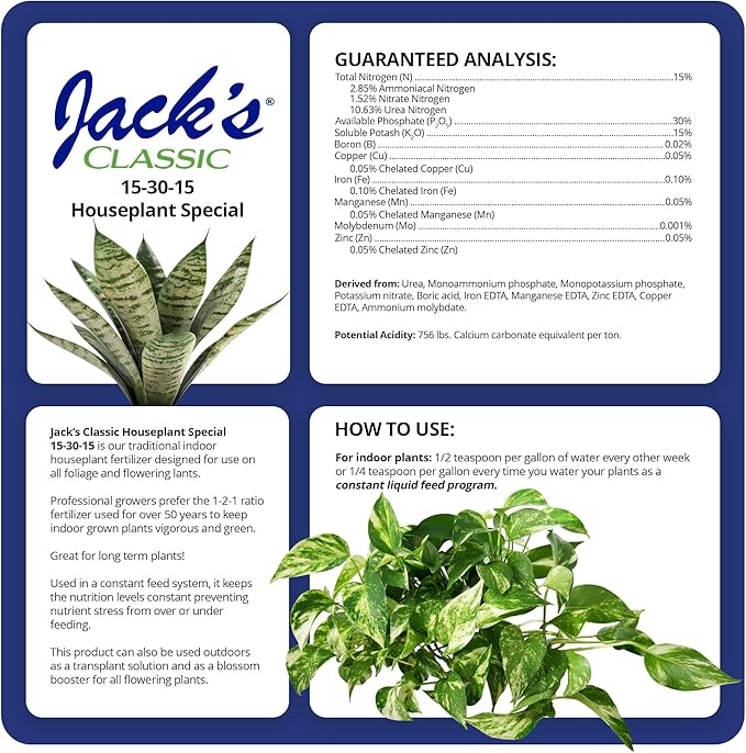Jack's Classic 15-30-15 Houseplant Special Water-Soluble Fertilizer with Micronutrients to Green-Up and Increase Blooms in Houseplants 8oz 2 Pack