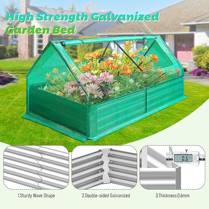3-in-1 Raised Garden Bed Kit with Portable Mini Greenhouse 6x3x1 FT Galvanized Metal Planter Box with 2 Roll-Up Zipper Windows Small Greenhouse Gardening Set for Vegetables Herb Garden Flowers